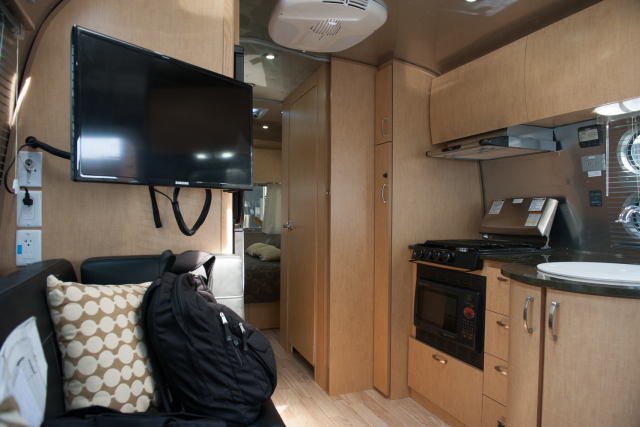 Galley view of our new Airstream 25FB Flying Cloud.