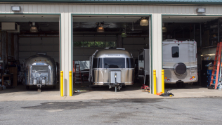 Airstream in garage for ProPride 3P hitch installation